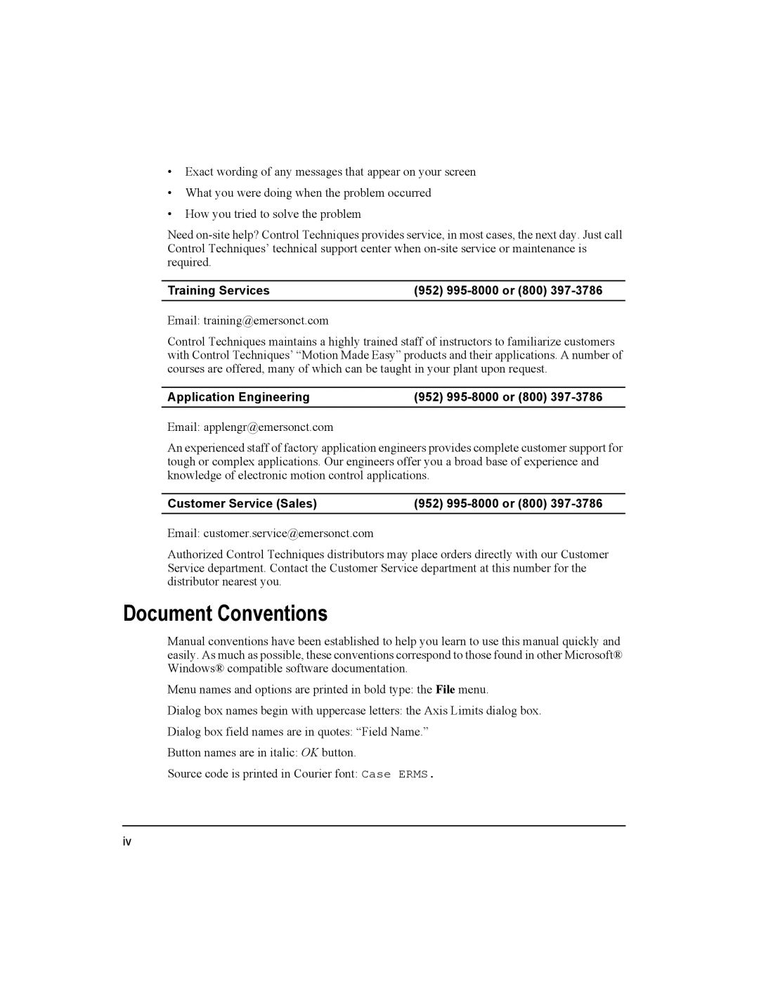 Emerson 400501-08 Document Conventions, Training Services 952 995-8000 or 800, Application Engineering 952 995-8000 or 800 