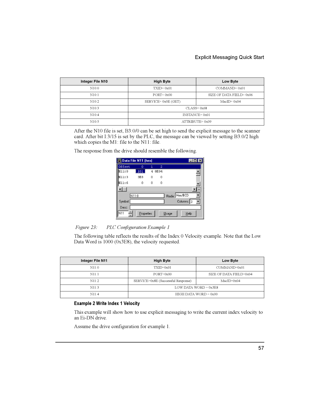 Emerson 400501-08 manual Example 2 Write Index 1 Velocity, Integer File N11 High Byte Low Byte 