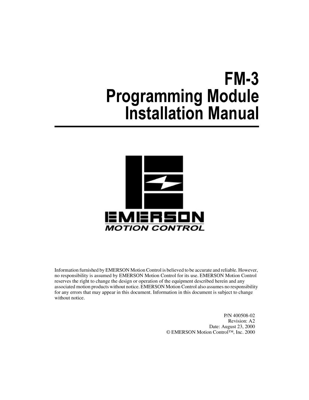 Emerson 400508-02 installation manual FM-3 Programming Module Installation Manual 