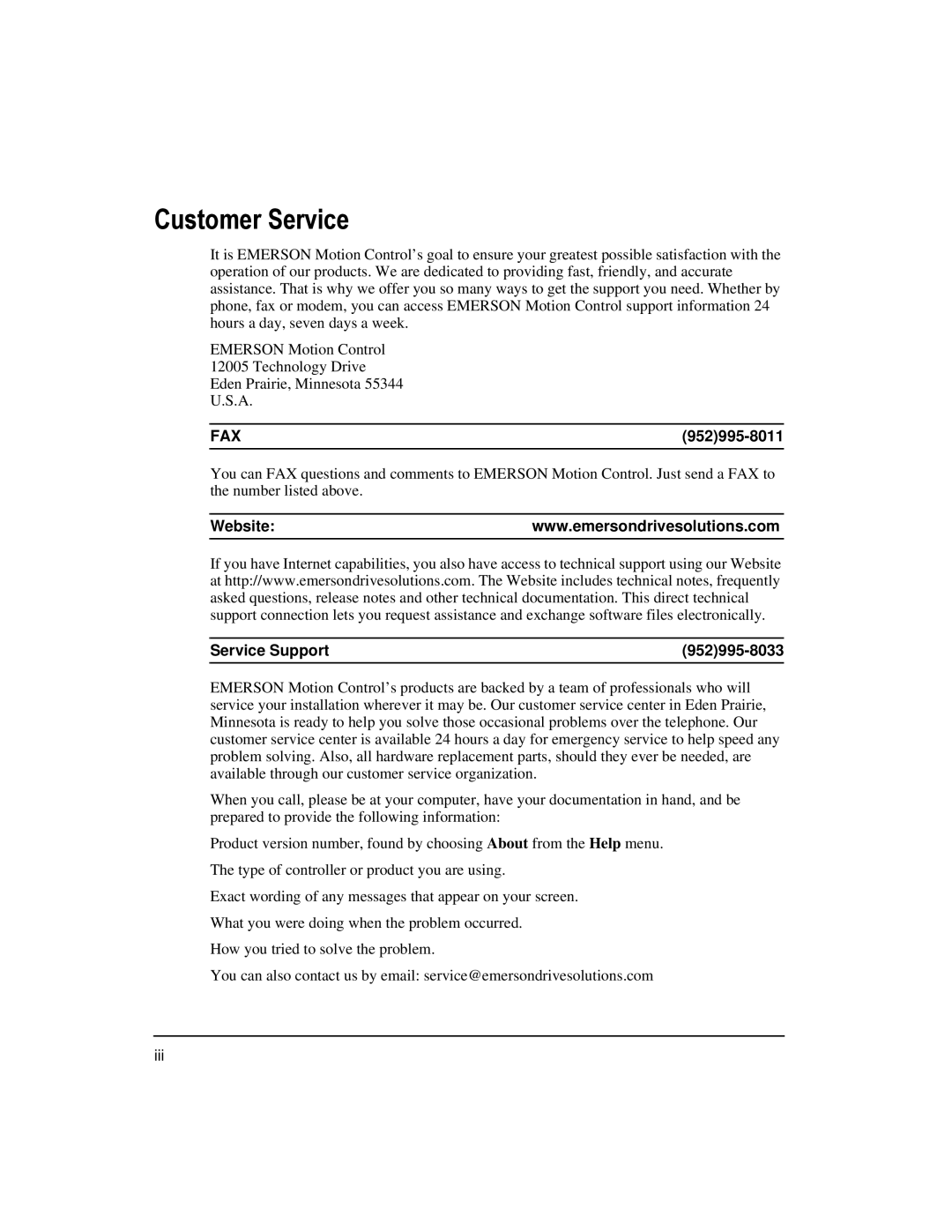 Emerson 400508-02 installation manual Customer Service, 952995-8011, Service Support 952995-8033 