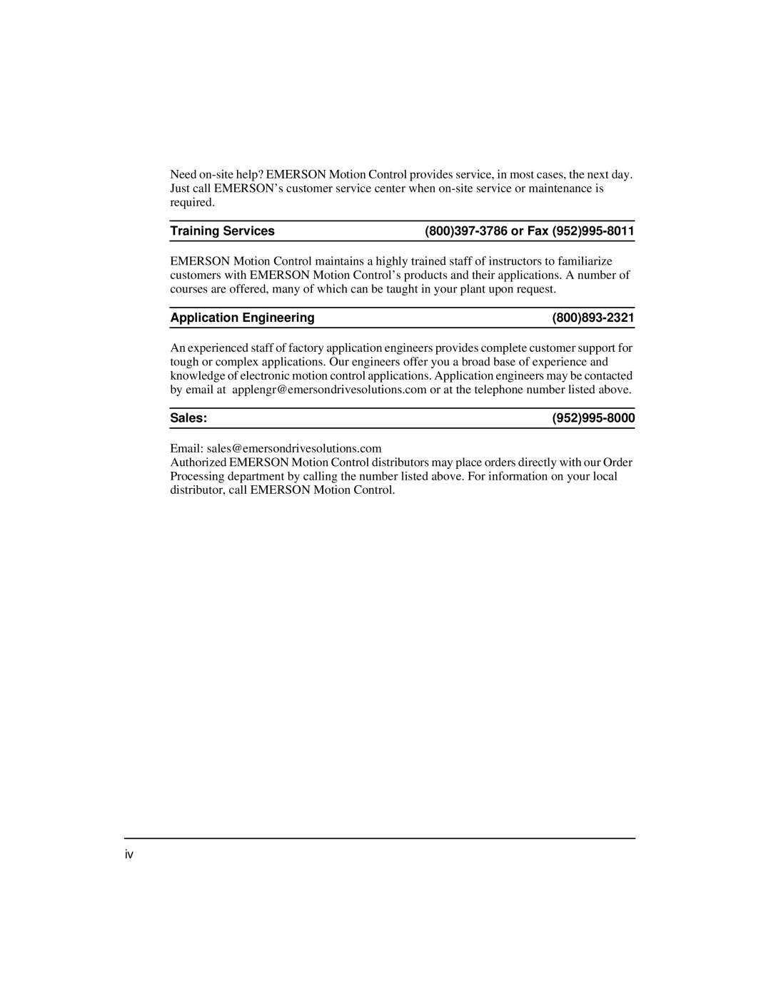 Emerson 400508-02 installation manual Training Services Or Fax, Application Engineering 800893-2321 Sales 952995-8000 