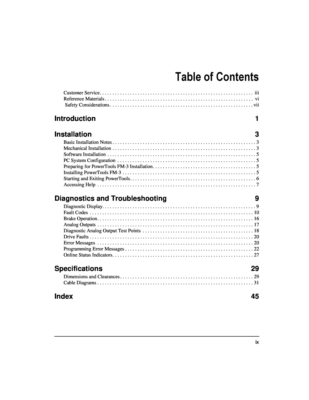 Emerson 400508-02 Table of Contents, Introduction, Installation, Diagnostics and Troubleshooting, Specifications, Index 