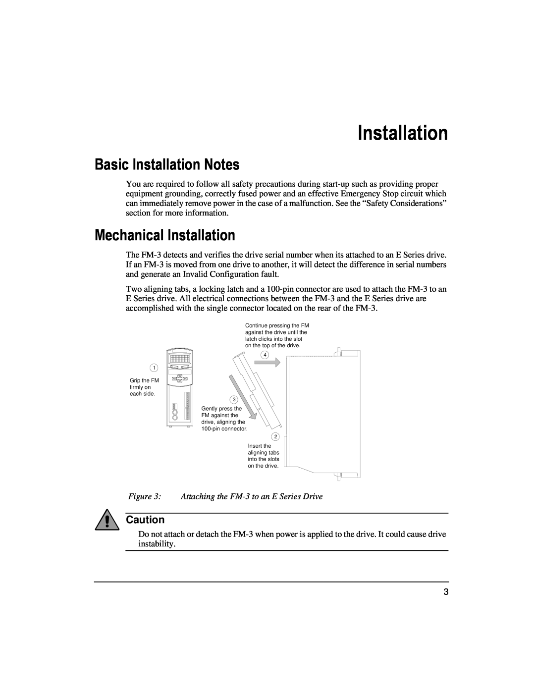 Emerson 400508-02 Basic Installation Notes, Mechanical Installation, Attaching the FM-3 to an E Series Drive 
