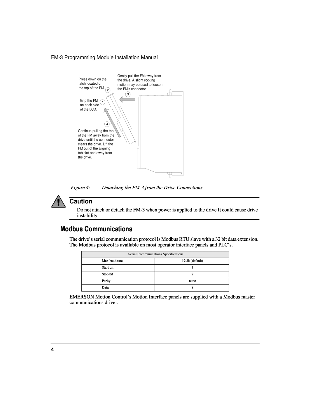 Emerson 400508-02 installation manual Modbus Communications, Detaching the FM-3 from the Drive Connections 