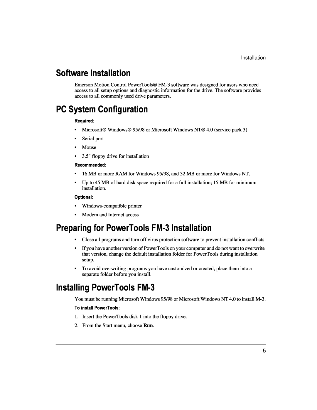 Emerson 400508-02 Software Installation, PC System Configuration, Preparing for PowerTools FM-3 Installation, Required 