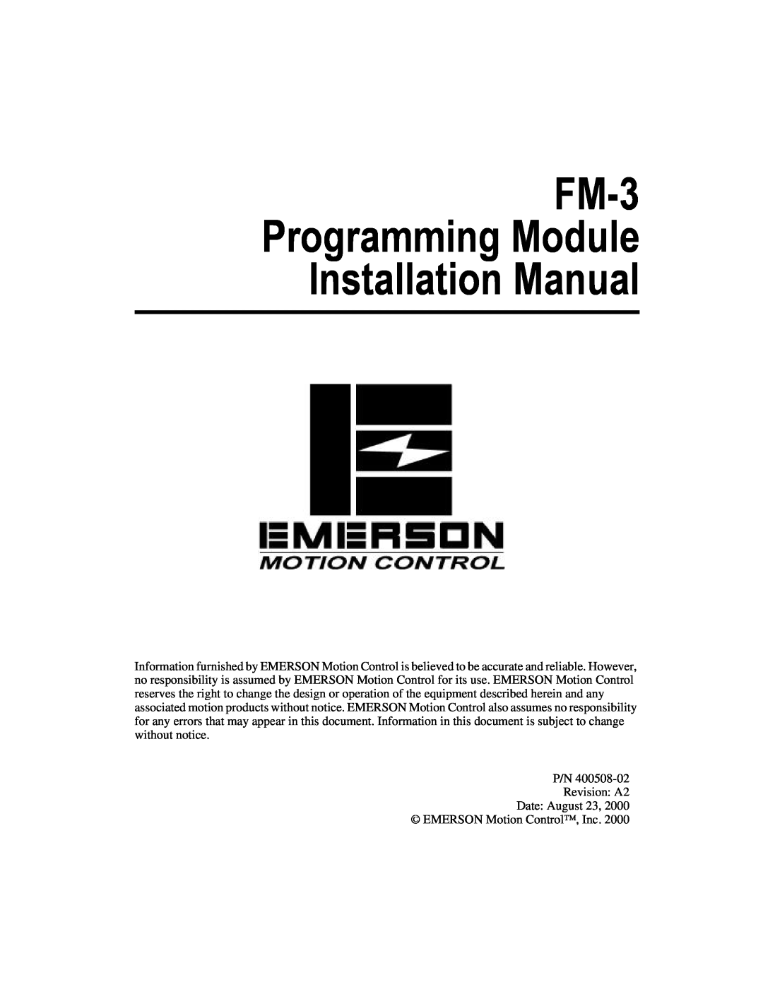 Emerson 400508-02 installation manual FM-3 Programming Module Installation Manual 
