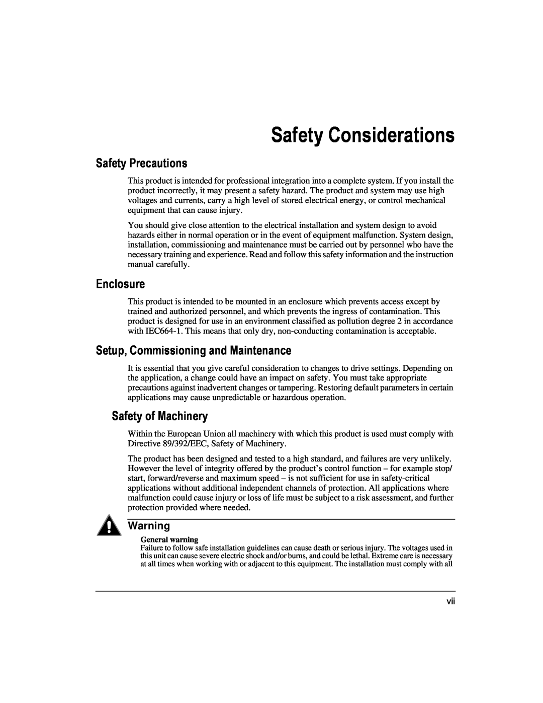 Emerson 400508-02 Safety Considerations, Safety Precautions, Enclosure, Setup, Commissioning and Maintenance 
