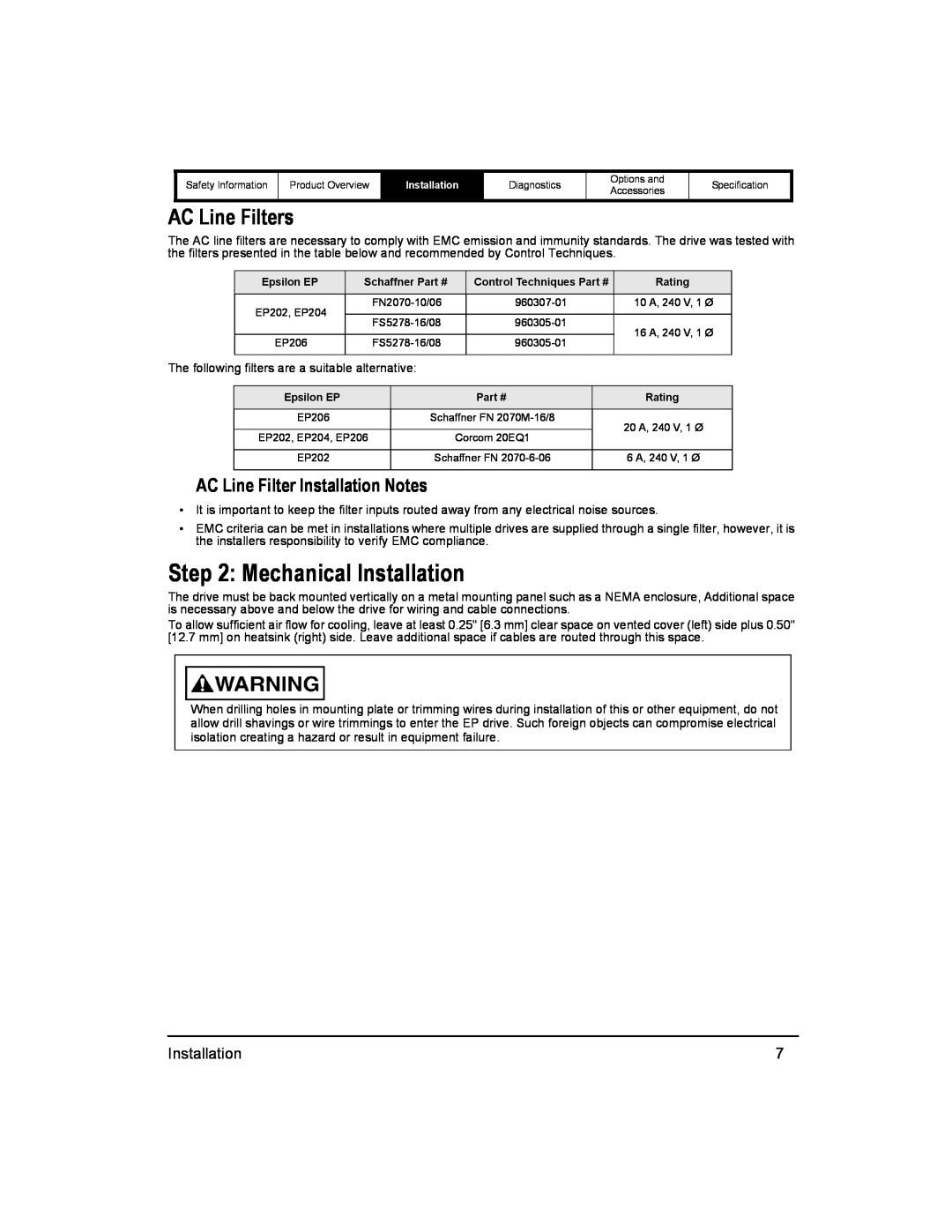 Emerson 400518-01 installation manual Mechanical Installation, AC Line Filters, AC Line Filter Installation Notes 