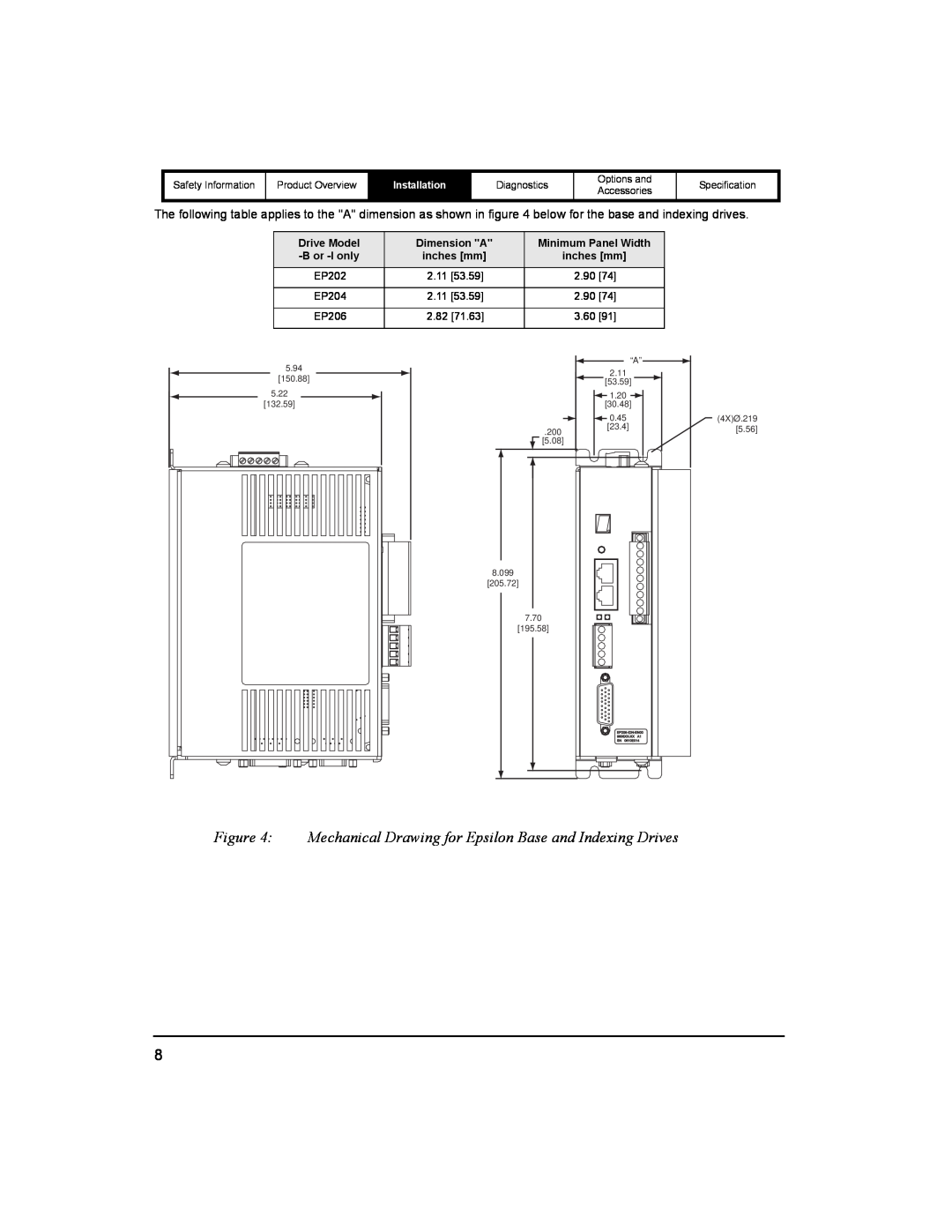 Emerson 400518-01 installation manual Mechanical Drawing for Epsilon Base and Indexing Drives, Installation, B or -I only 