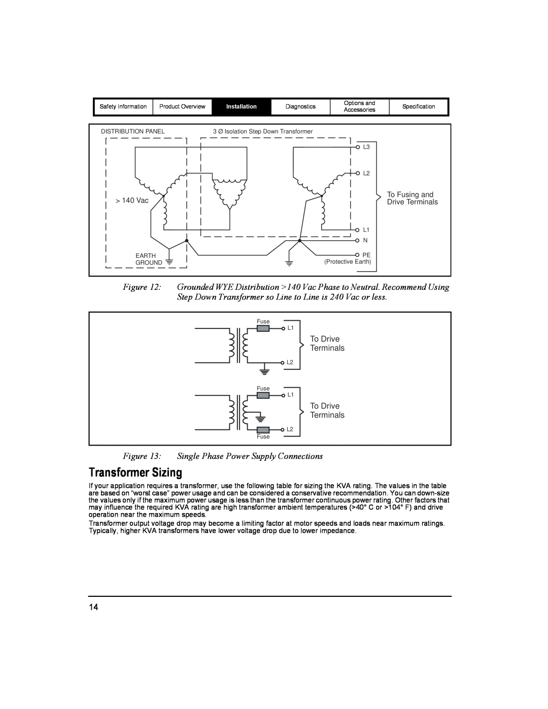 Emerson 400518-01 installation manual Transformer Sizing, Single Phase Power Supply Connections, To Drive Terminals 