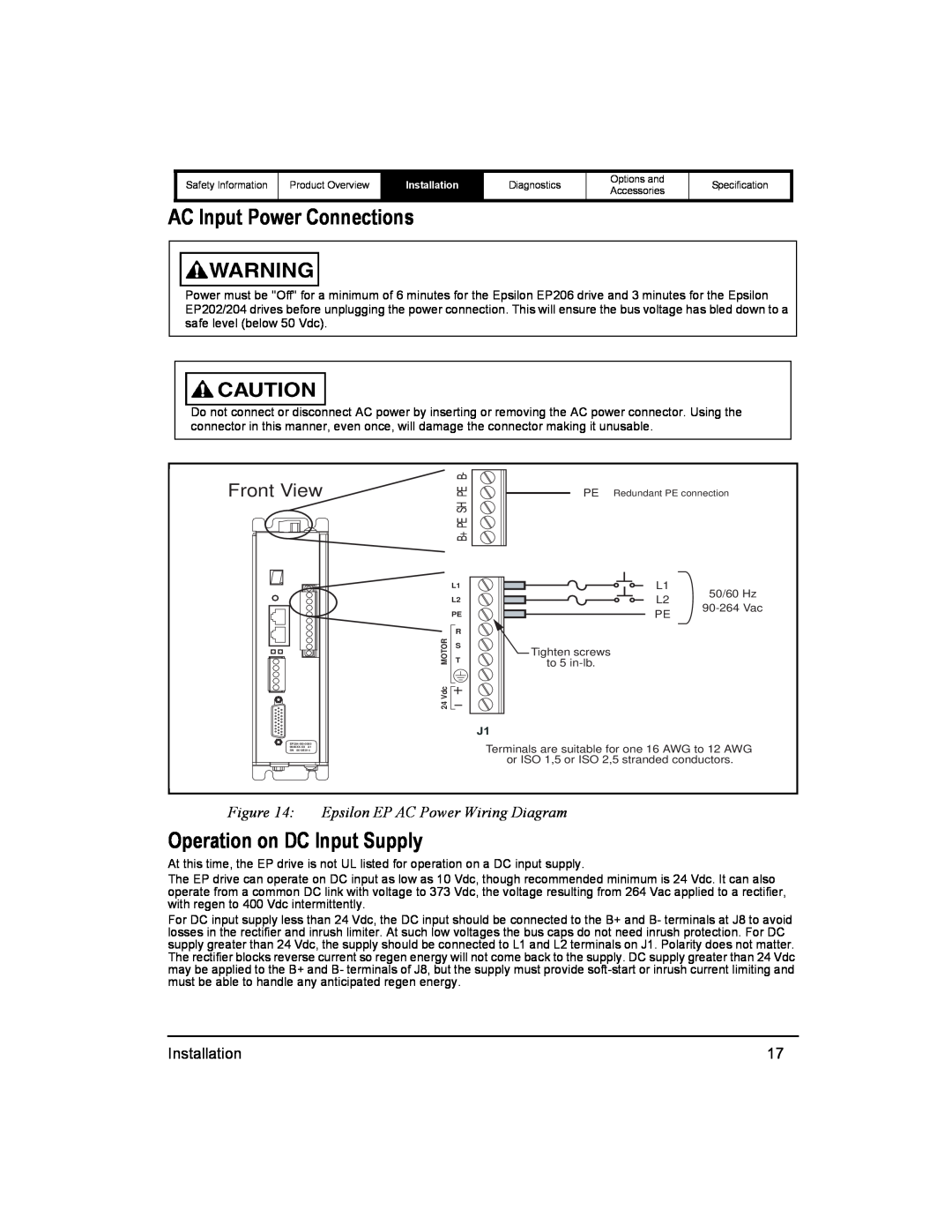 Emerson 400518-01 AC Input Power Connections, Operation on DC Input Supply, Front View, Epsilon EP AC Power Wiring Diagram 