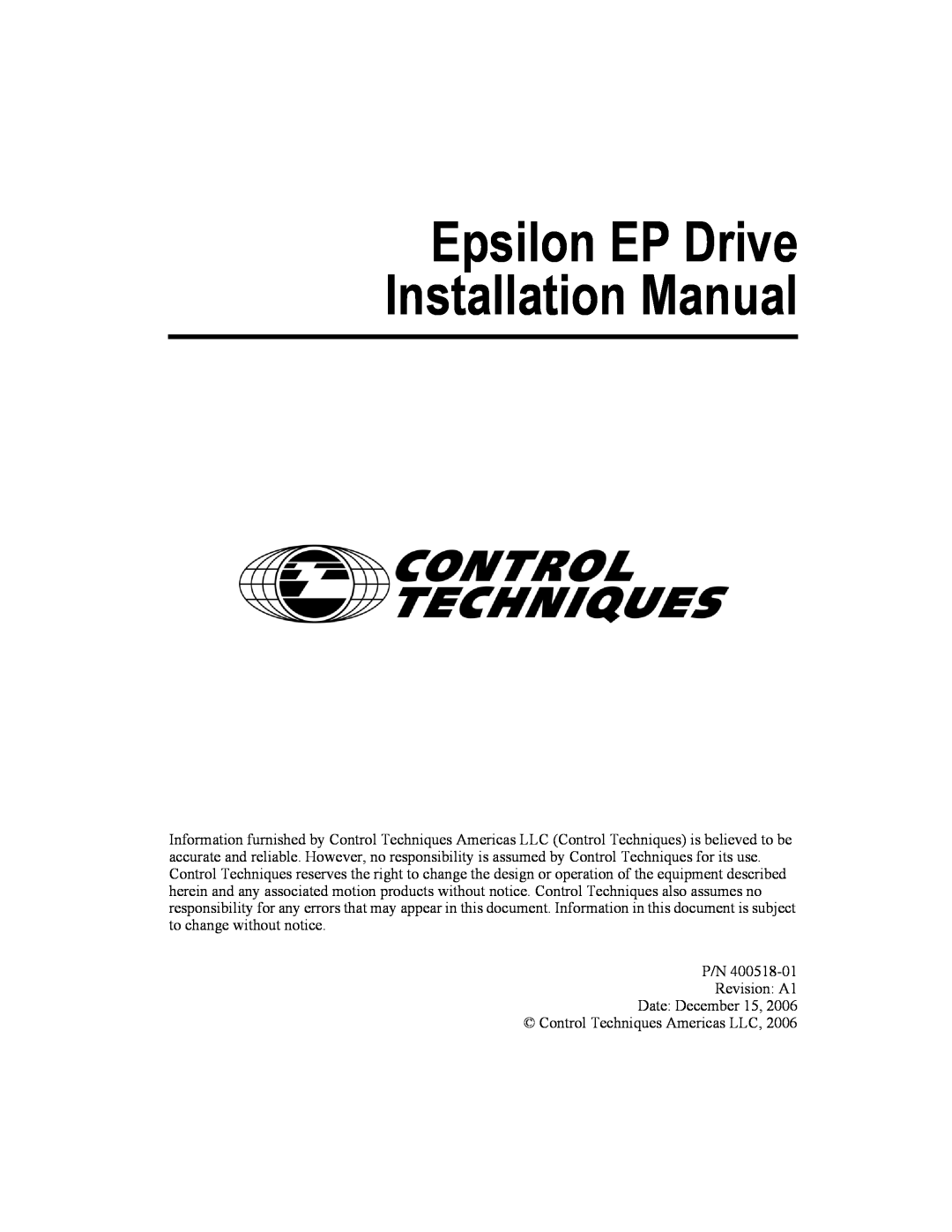 Emerson 400518-01 installation manual Epsilon EP Drive, Installation Manual 
