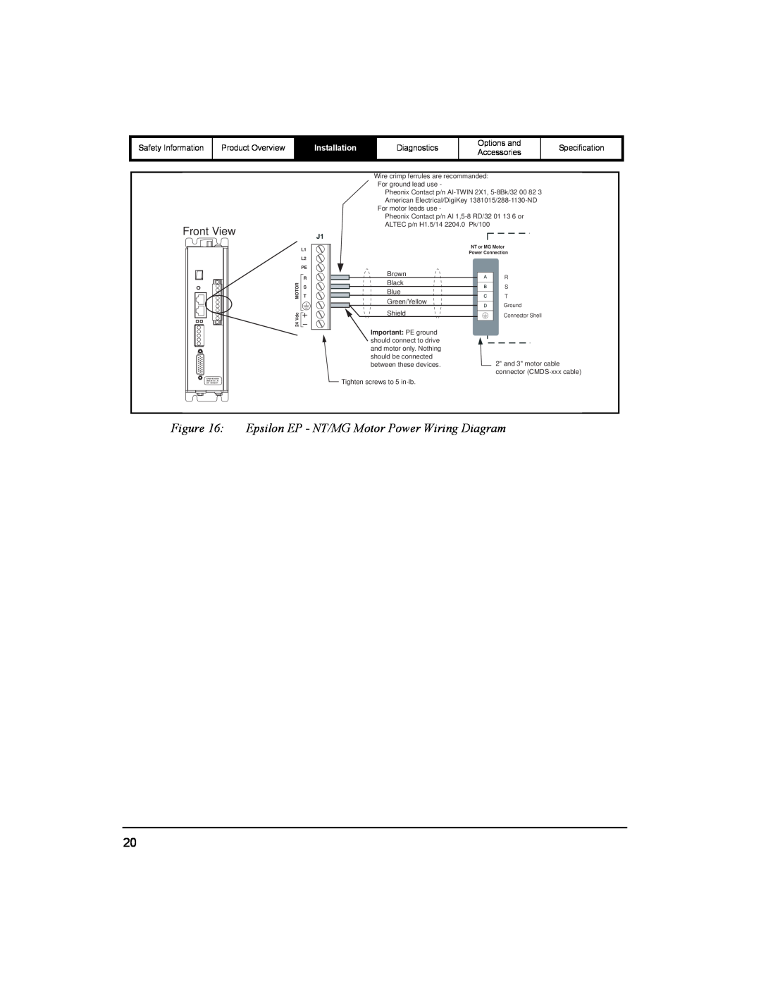 Emerson 400518-01 installation manual Epsilon EP - NT/MG Motor Power Wiring Diagram, Front View, Installation 