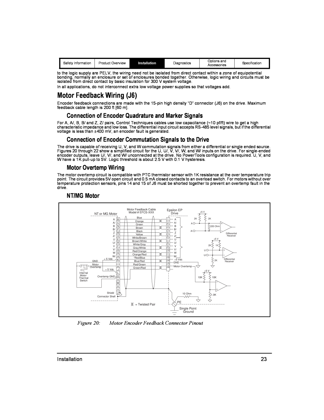 Emerson 400518-01 Motor Feedback Wiring J6, Connection of Encoder Quadrature and Marker Signals, Motor Overtemp Wiring 