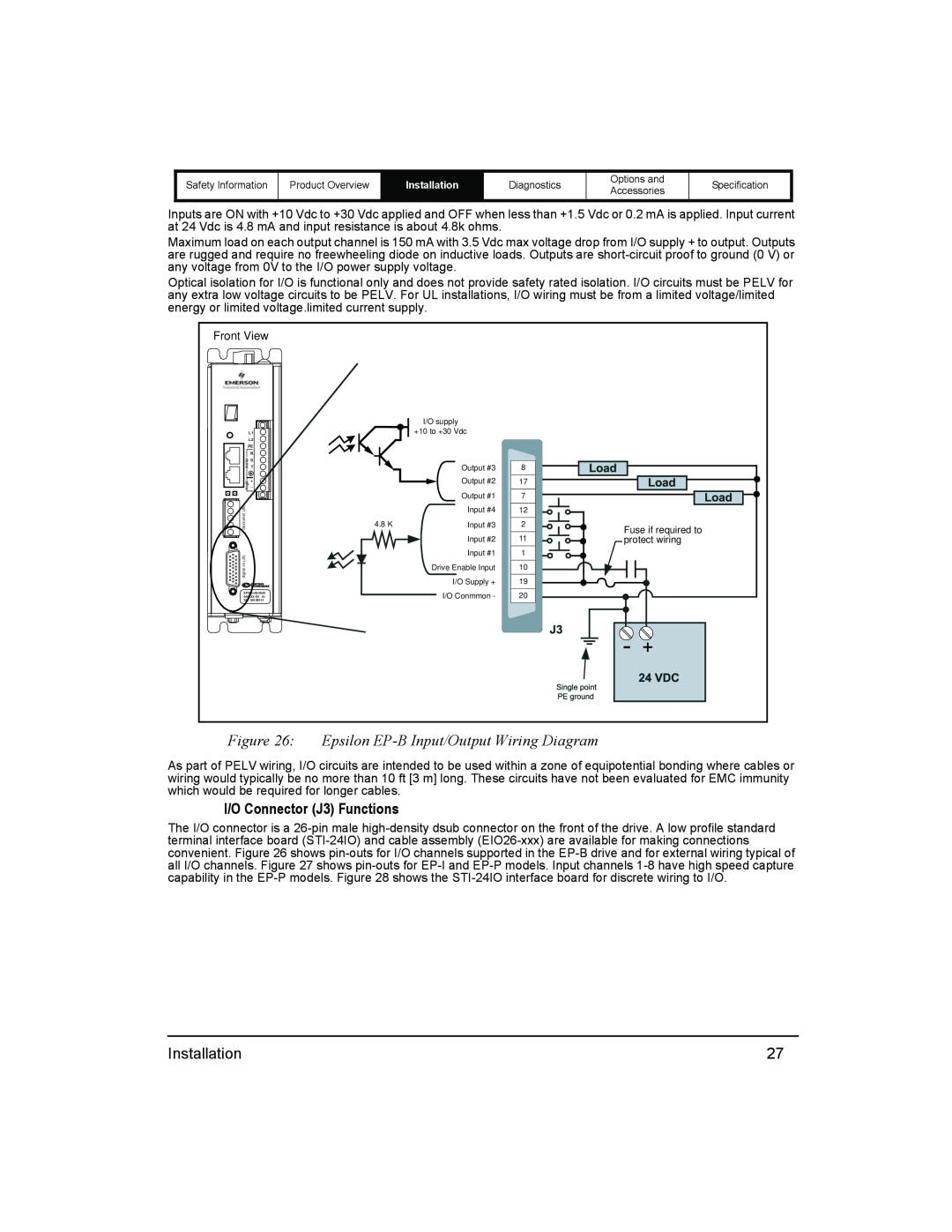 Emerson 400518-01 installation manual Epsilon EP-B Input/Output Wiring Diagram, I/O Connector J3 Functions 
