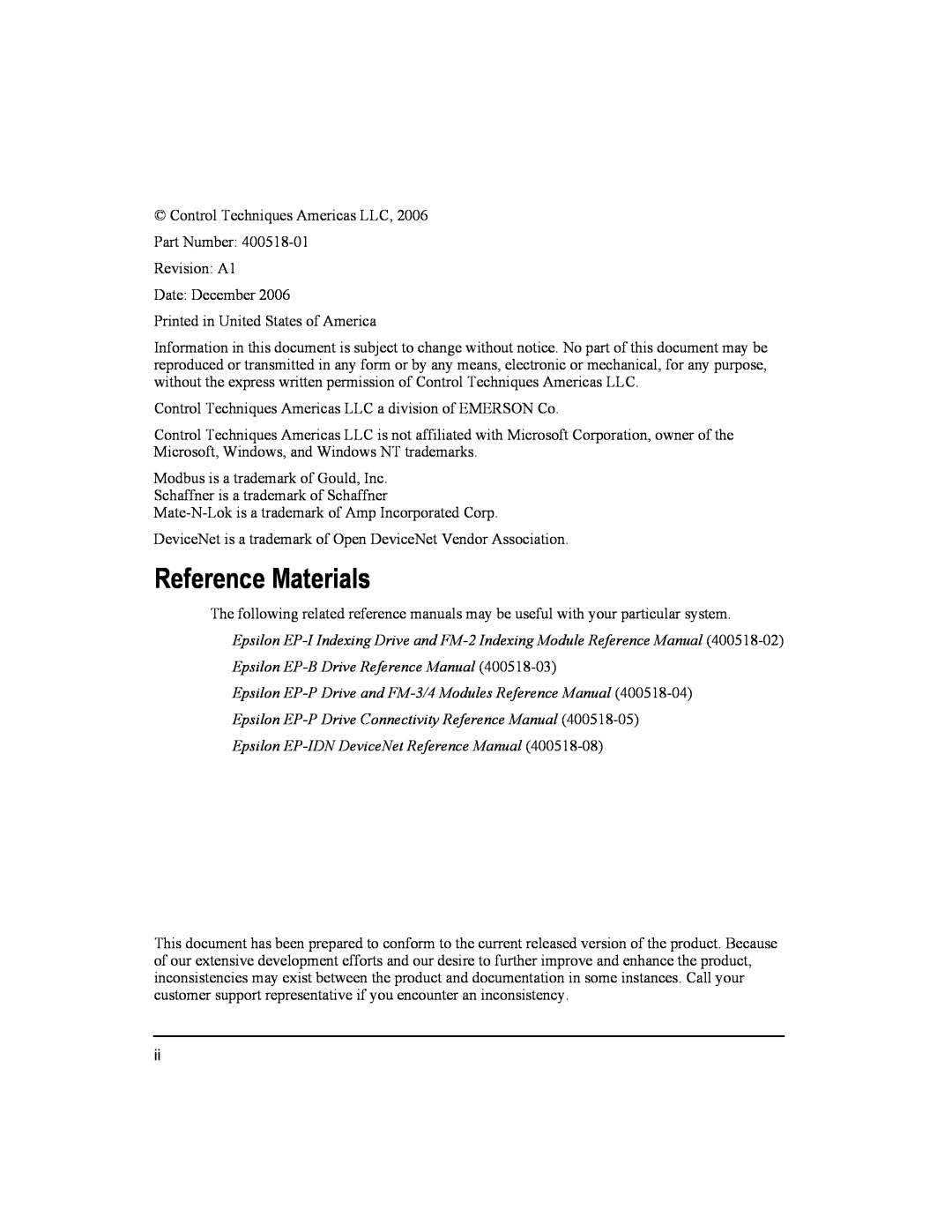 Emerson 400518-01 installation manual Reference Materials 