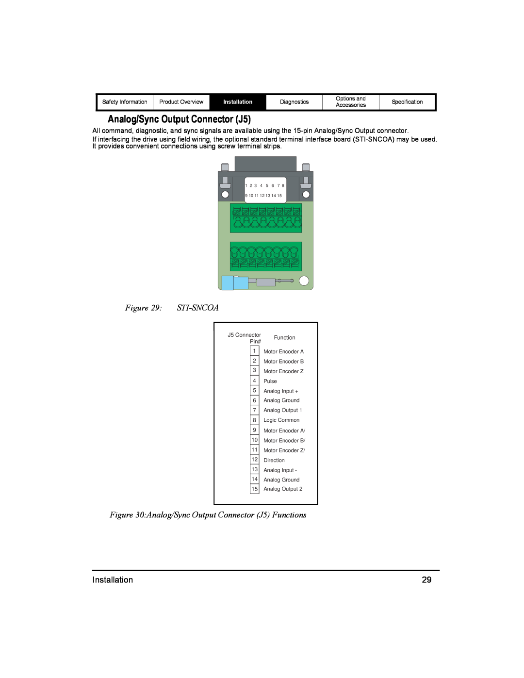 Emerson 400518-01 installation manual Sti-Sncoa, Analog/Sync Output Connector J5 Functions 