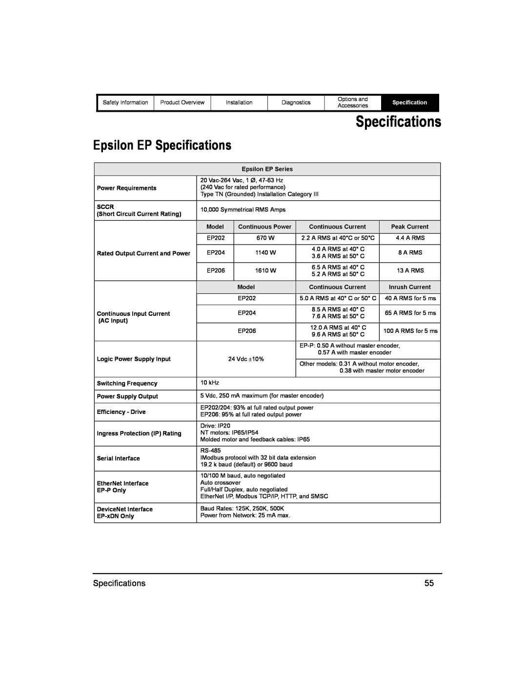 Emerson 400518-01 installation manual Epsilon EP Specifications 