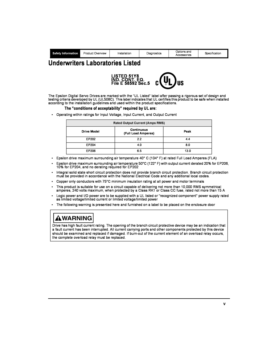 Emerson 400518-01 installation manual Underwriters Laboratories Listed, LISTED 51Y8 IND. CONT. EQ File E 58592 Sec.5 