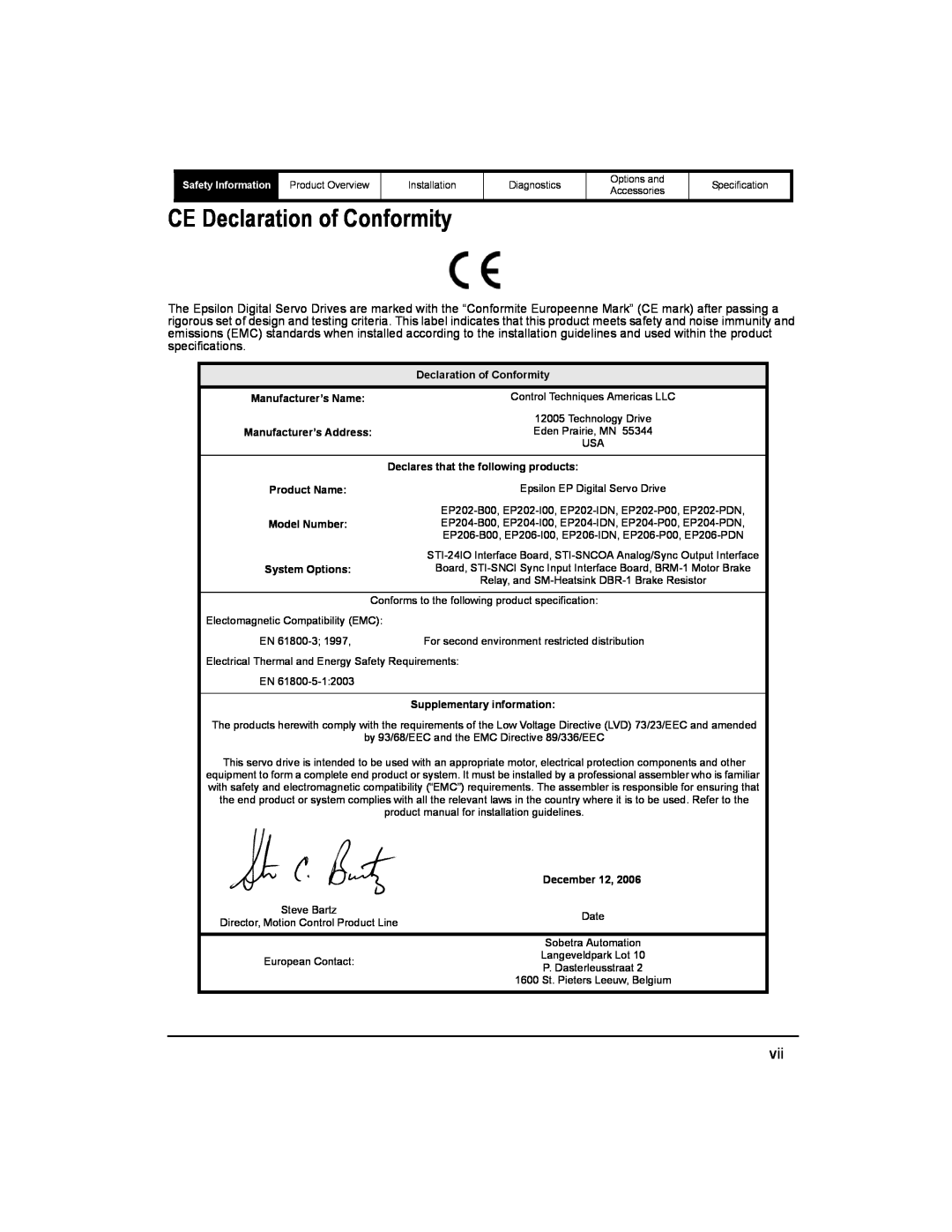 Emerson 400518-01 CE Declaration of Conformity, Safety Information, Manufacturer’s Name, Manufacturer’s Address 