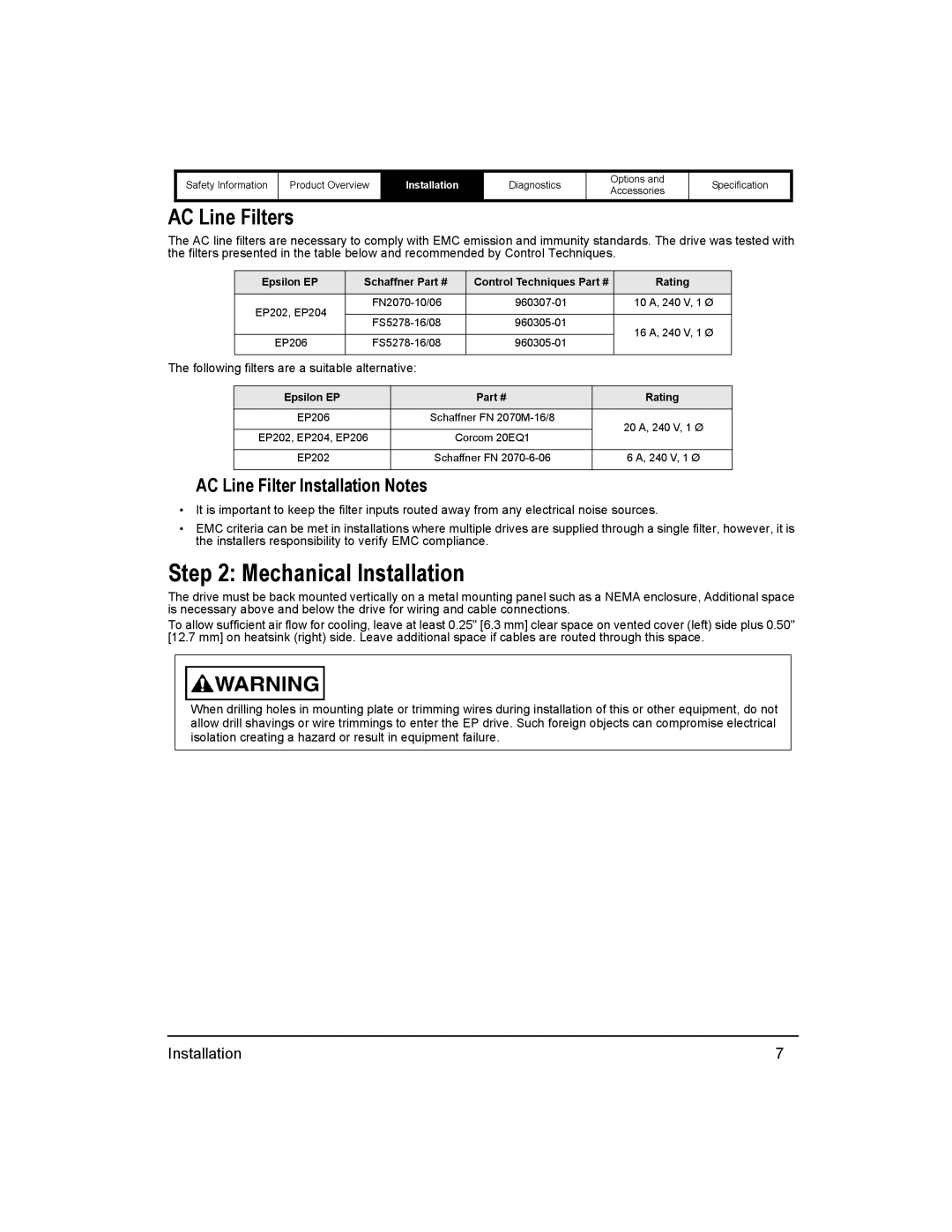 Emerson 400518-01 Mechanical Installation, AC Line Filters, AC Line Filter Installation Notes, Epsilon EP Rating 