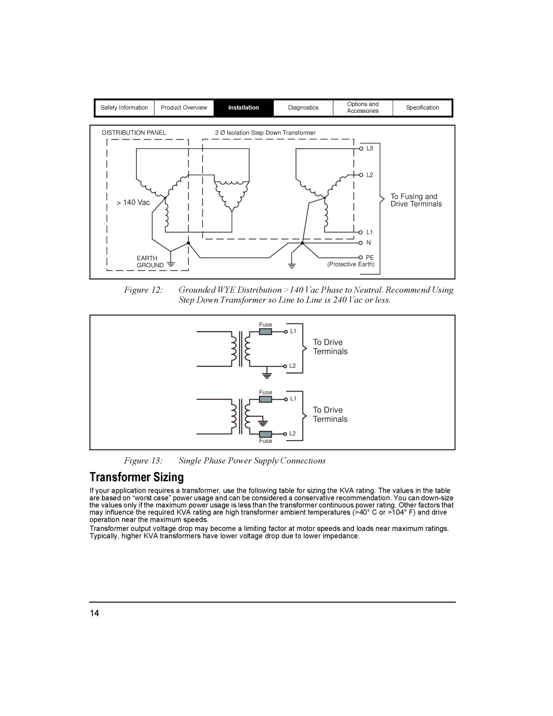 Emerson 400518-01 installation manual Transformer Sizing, Single Phase Power Supply Connections 