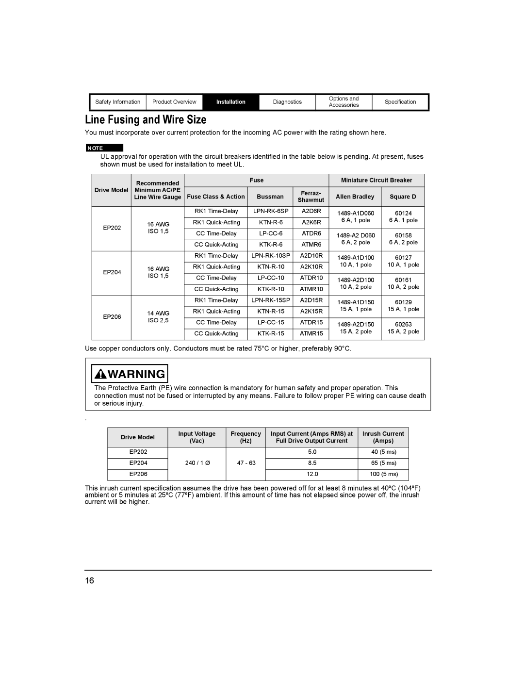 Emerson 400518-01 installation manual Line Fusing and Wire Size, LPN-RK-10SP 