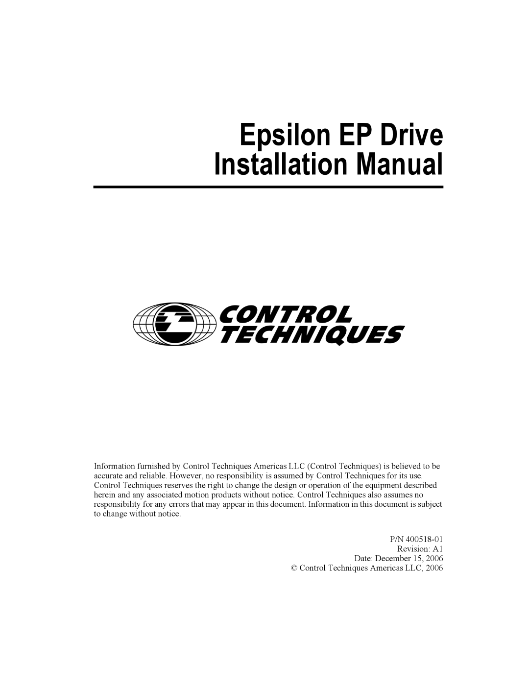 Emerson 400518-01 installation manual Epsilon EP Drive Installation Manual 