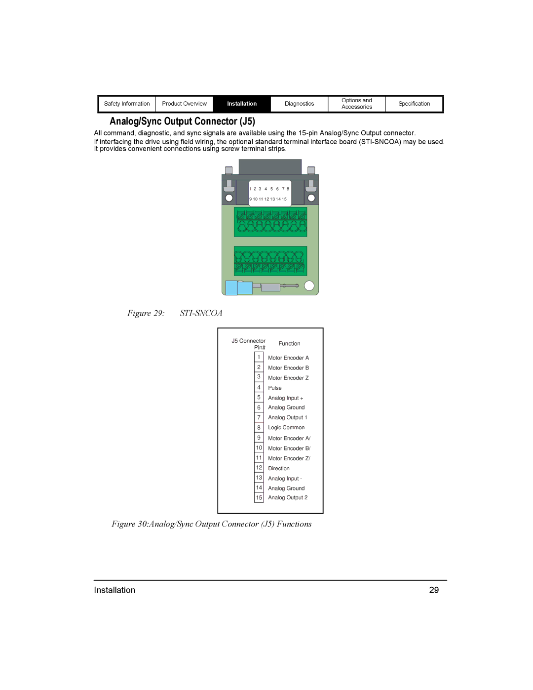 Emerson 400518-01 installation manual Analog/Sync Output Connector J5, Sti-Sncoa 