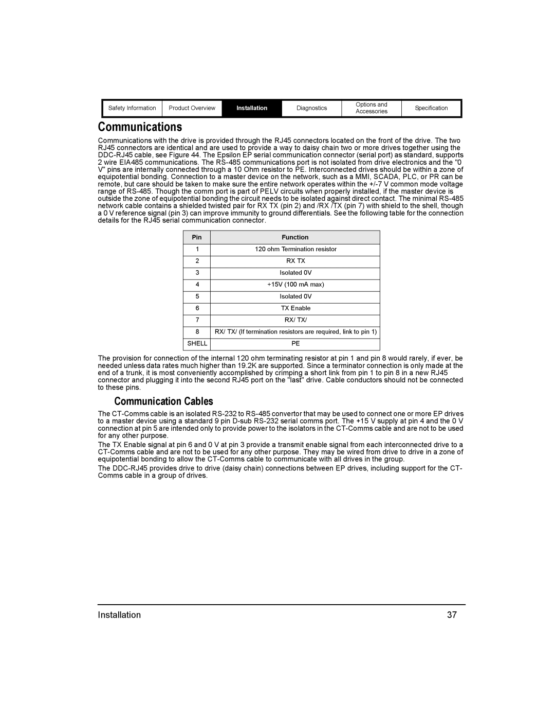 Emerson 400518-01 installation manual Communications, Communication Cables, Pin Function 