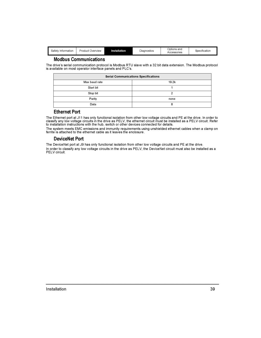 Emerson 400518-01 Modbus Communications, Ethernet Port, DeviceNet Port, Serial Communications Specifications 