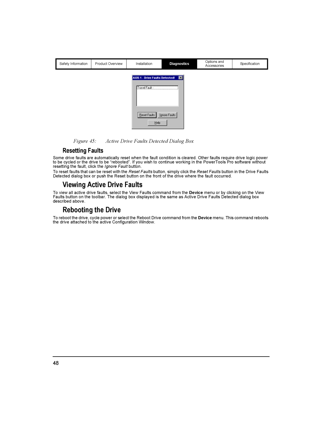 Emerson 400518-01 installation manual Viewing Active Drive Faults, Rebooting the Drive, Resetting Faults 