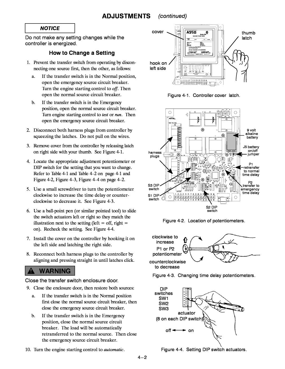 Emerson 400A manual ADJUSTMENTS continued, How to Change a Setting, Close the transfer switch enclosure door 
