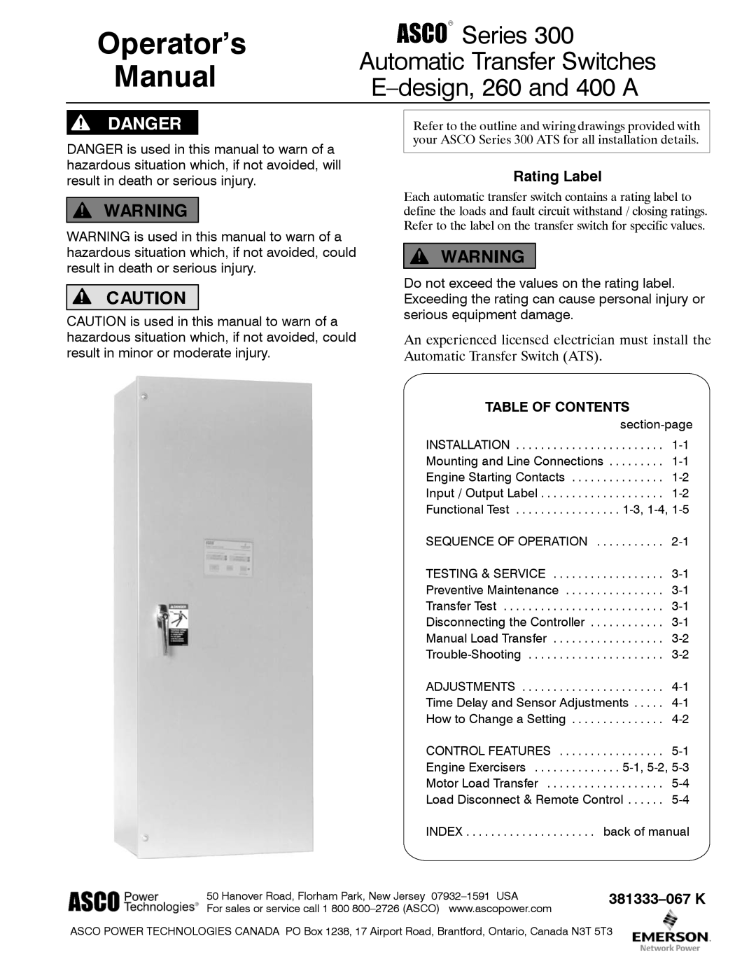 Emerson 400A manual Operator’s Manual, Rating Label 