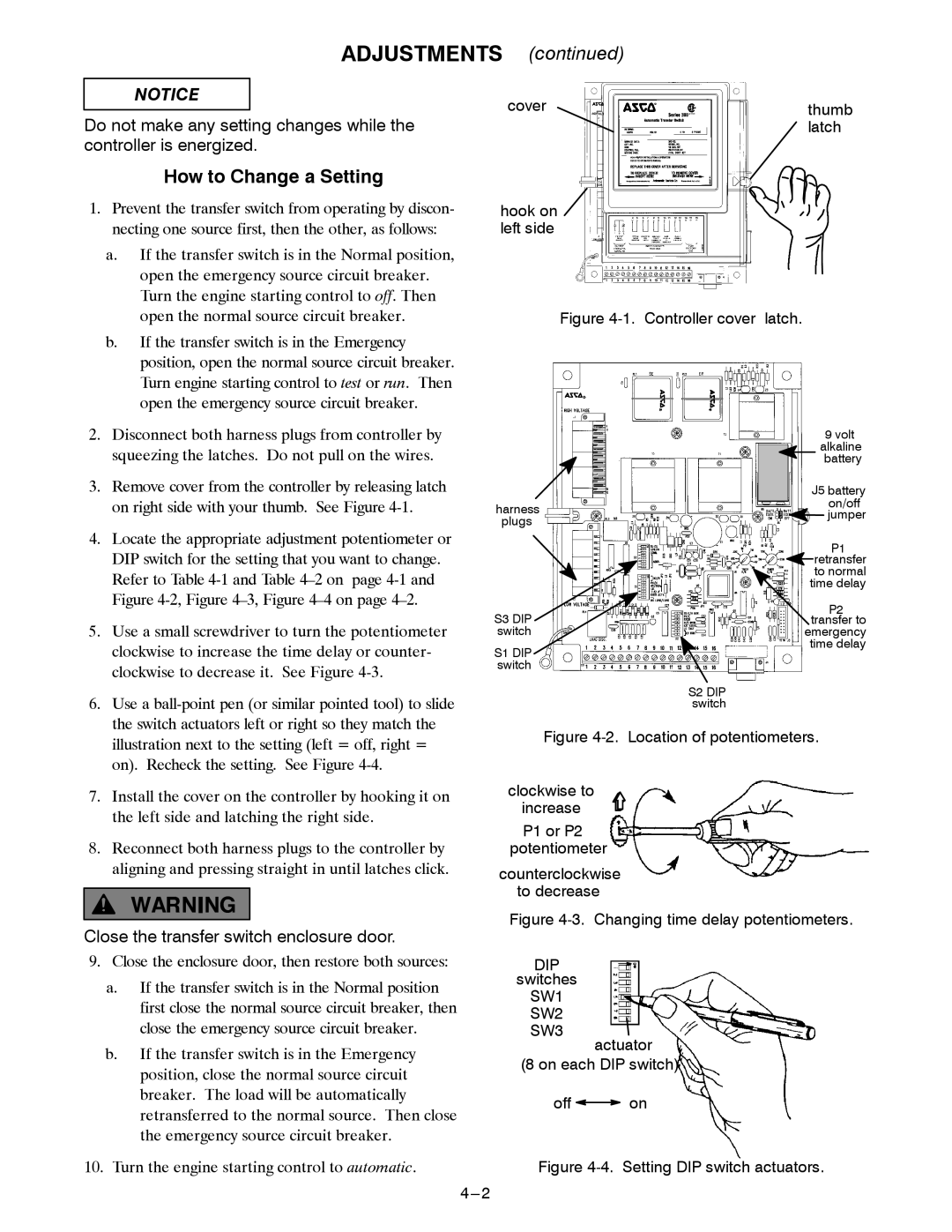 Emerson 400A manual Adjustments, How to Change a Setting, Cover Thumb Latch Hook on left side, Switches 