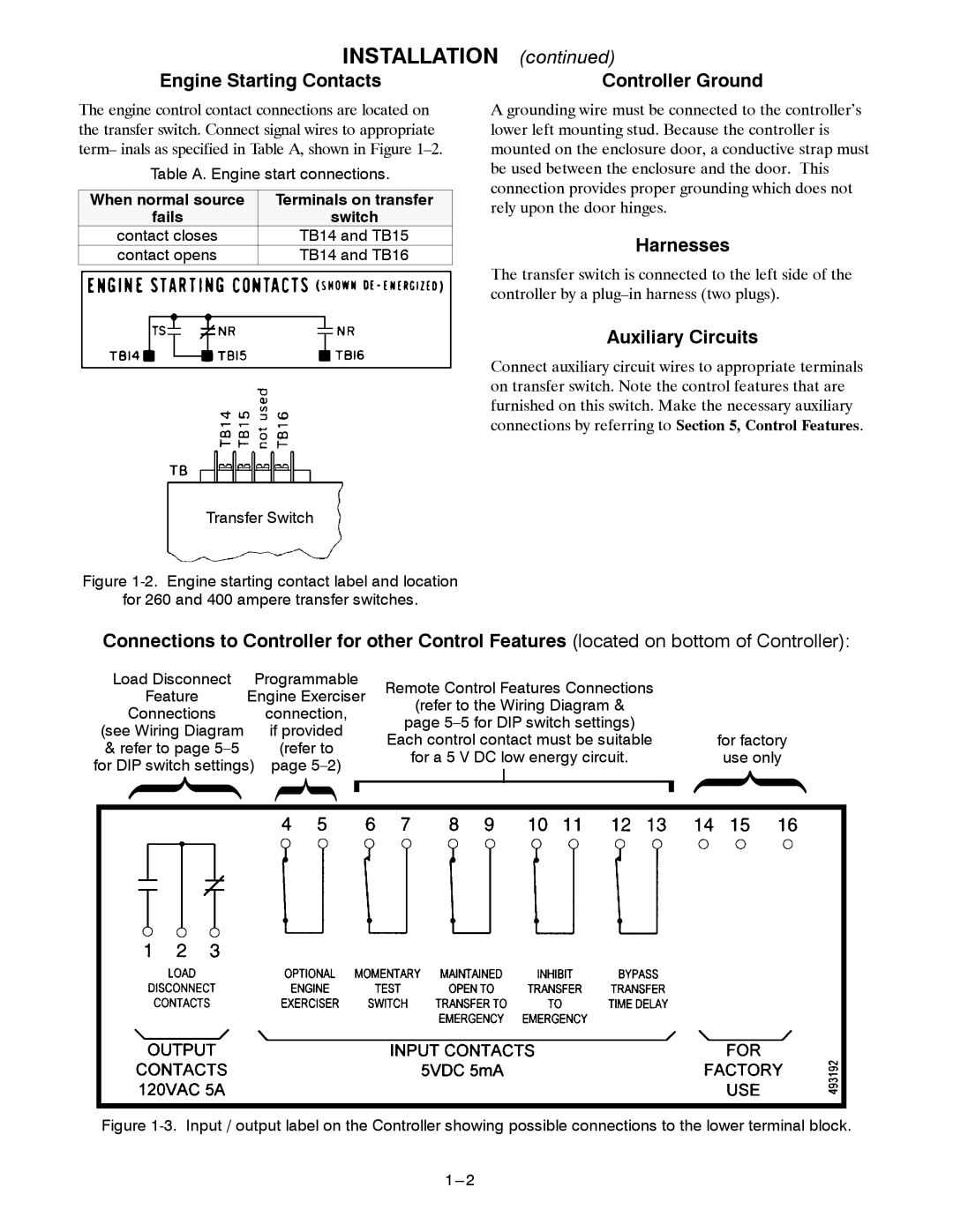 Emerson 400A Engine Starting Contacts, Harnesses, Auxiliary Circuits, Controller Ground, Table A. Engine start connections 