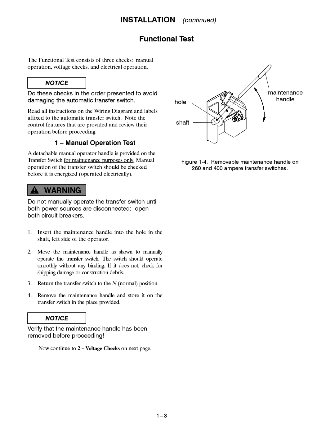 Emerson 400A manual Installation Functional Test, Manual Operation Test 