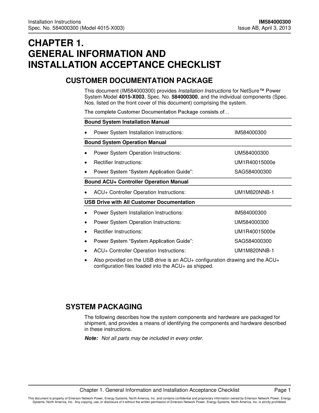 Emerson 4015 installation instructions Customer Documentation Package, System Packaging, Bound System Installation Manual 