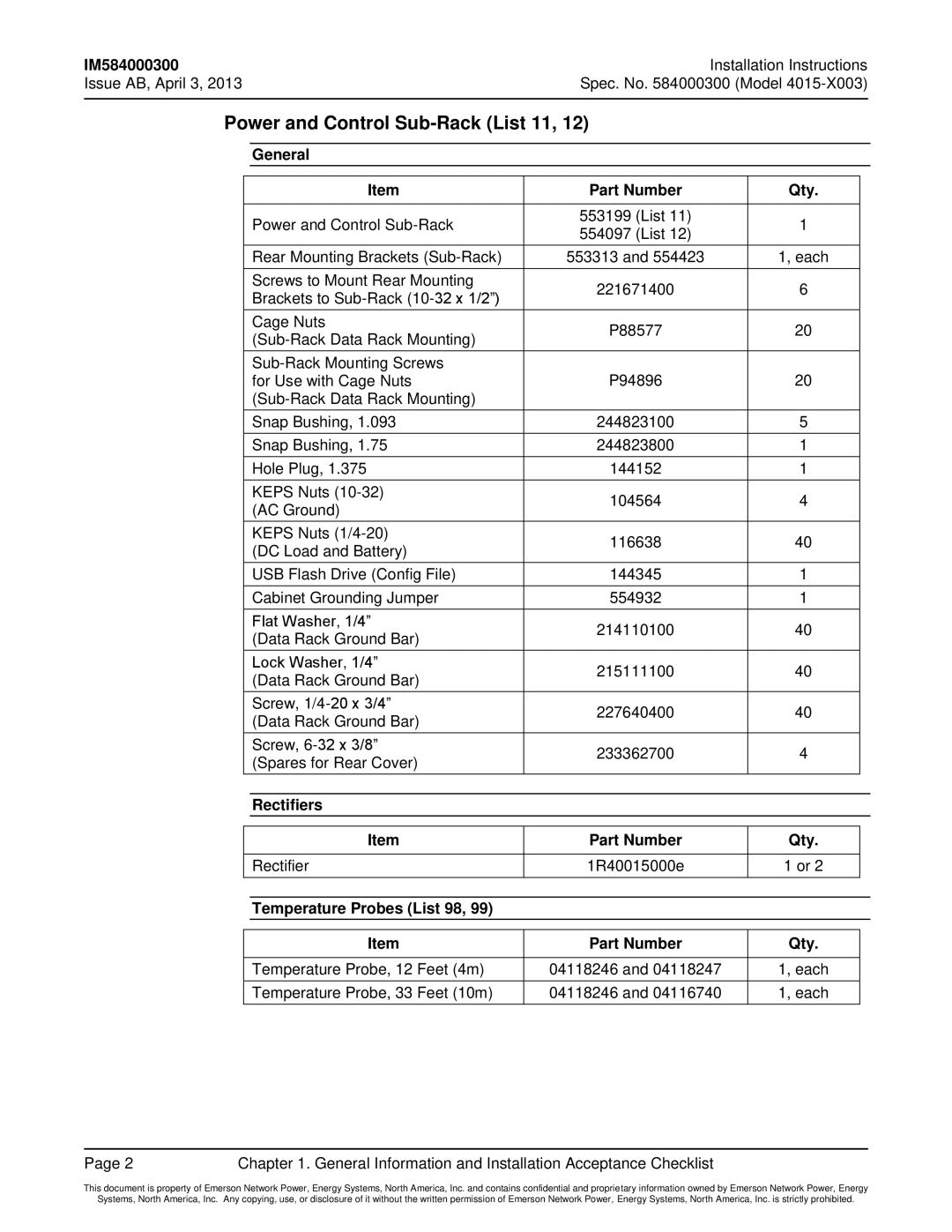 Emerson 4015 Power and Control Sub-Rack List 11, General Part Number Qty, Rectifiers Part Number Qty 