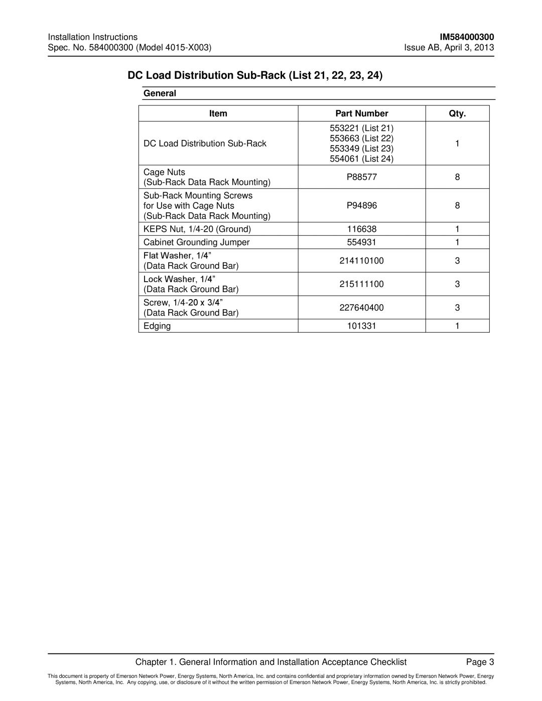 Emerson 4015 installation instructions DC Load Distribution Sub-Rack List 21, 22, 23 