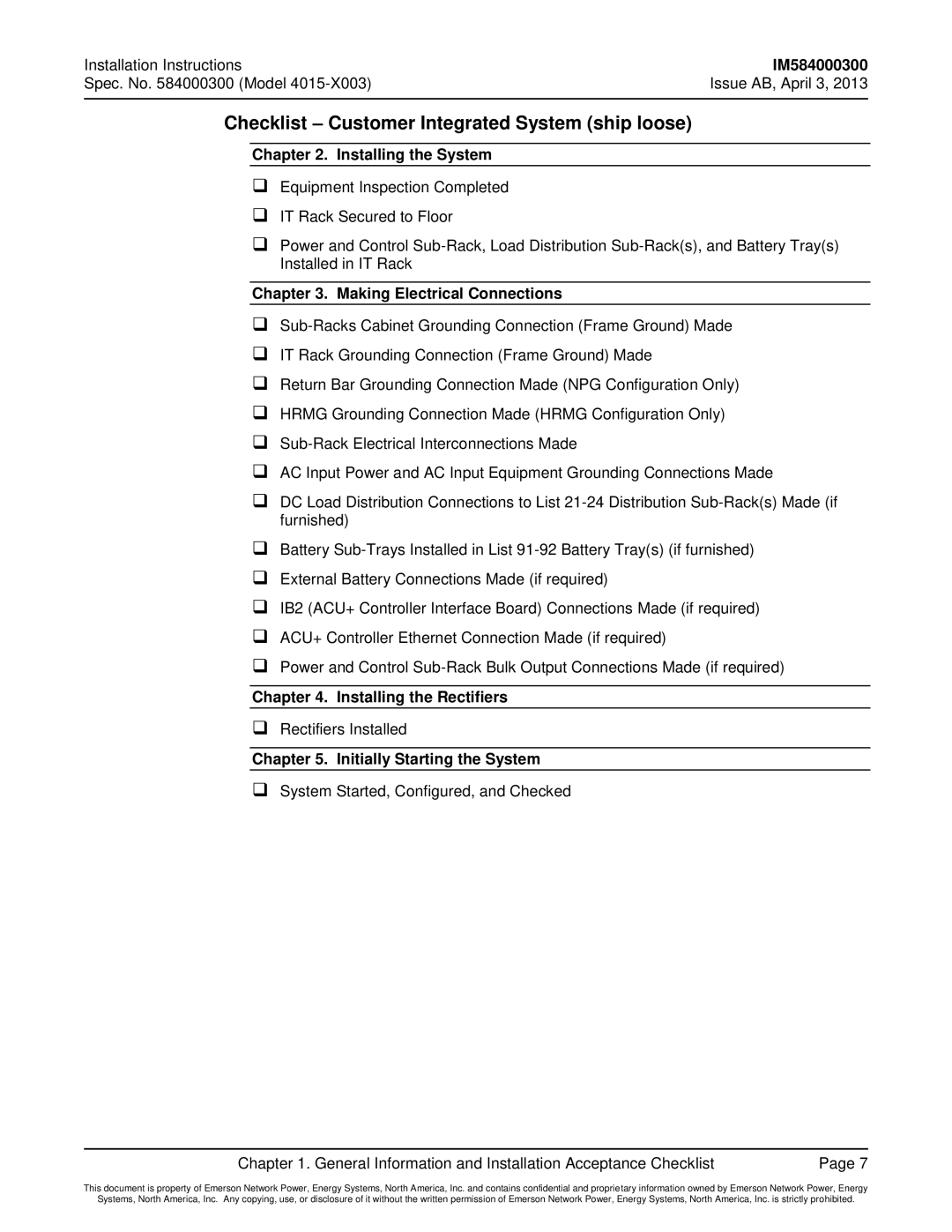 Emerson 4015 installation instructions Checklist Customer Integrated System ship loose 