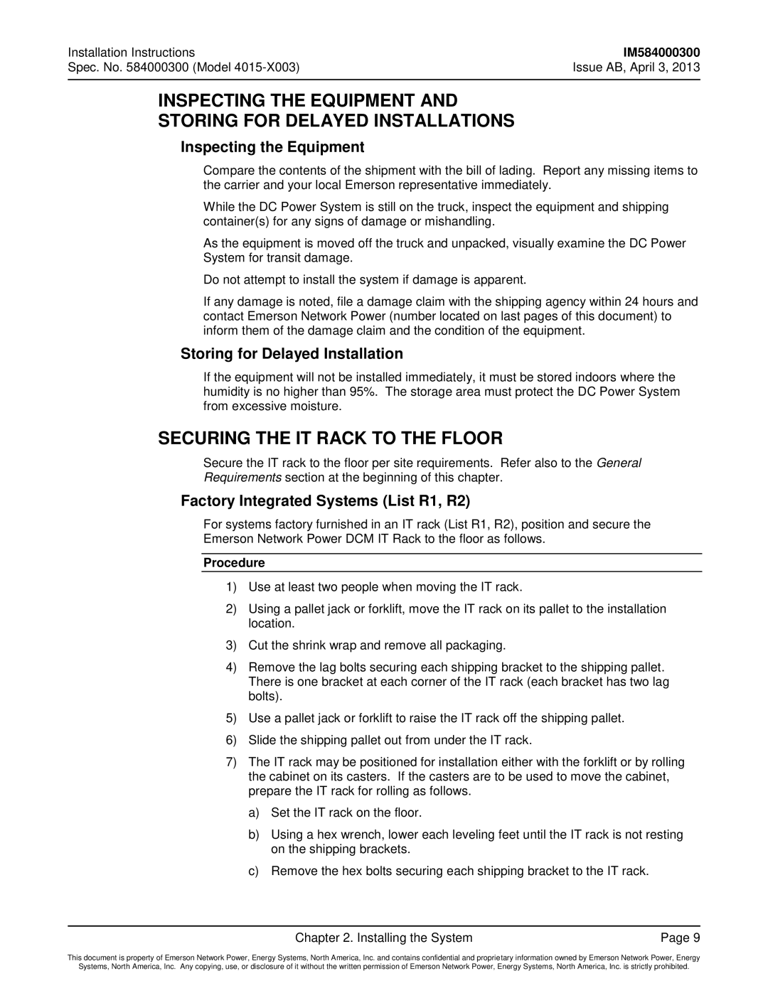 Emerson 4015 Inspecting the Equipment Storing for Delayed Installations, Securing the IT Rack to the Floor 