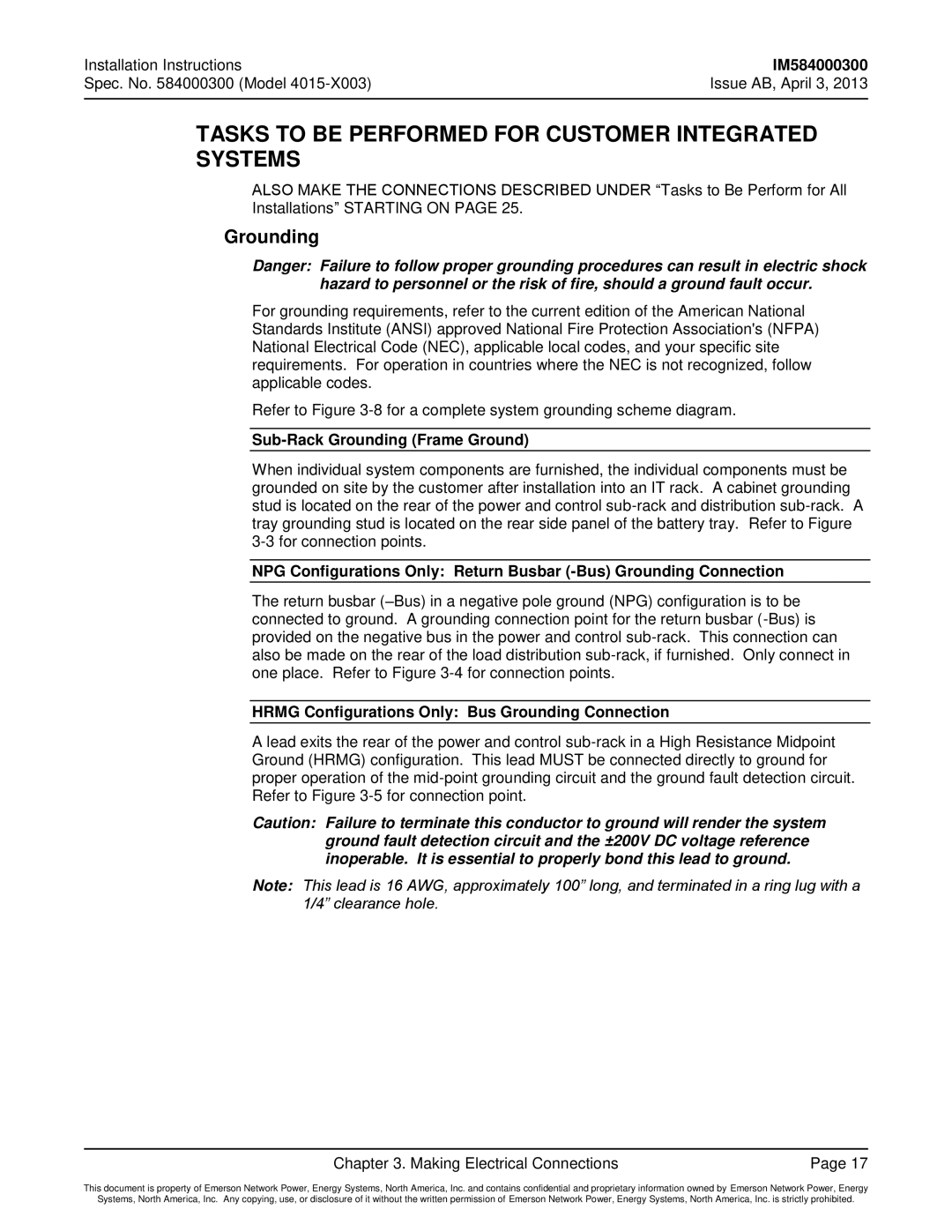 Emerson 4015 Tasks to be Performed for Customer Integrated Systems, Sub-Rack Grounding Frame Ground 