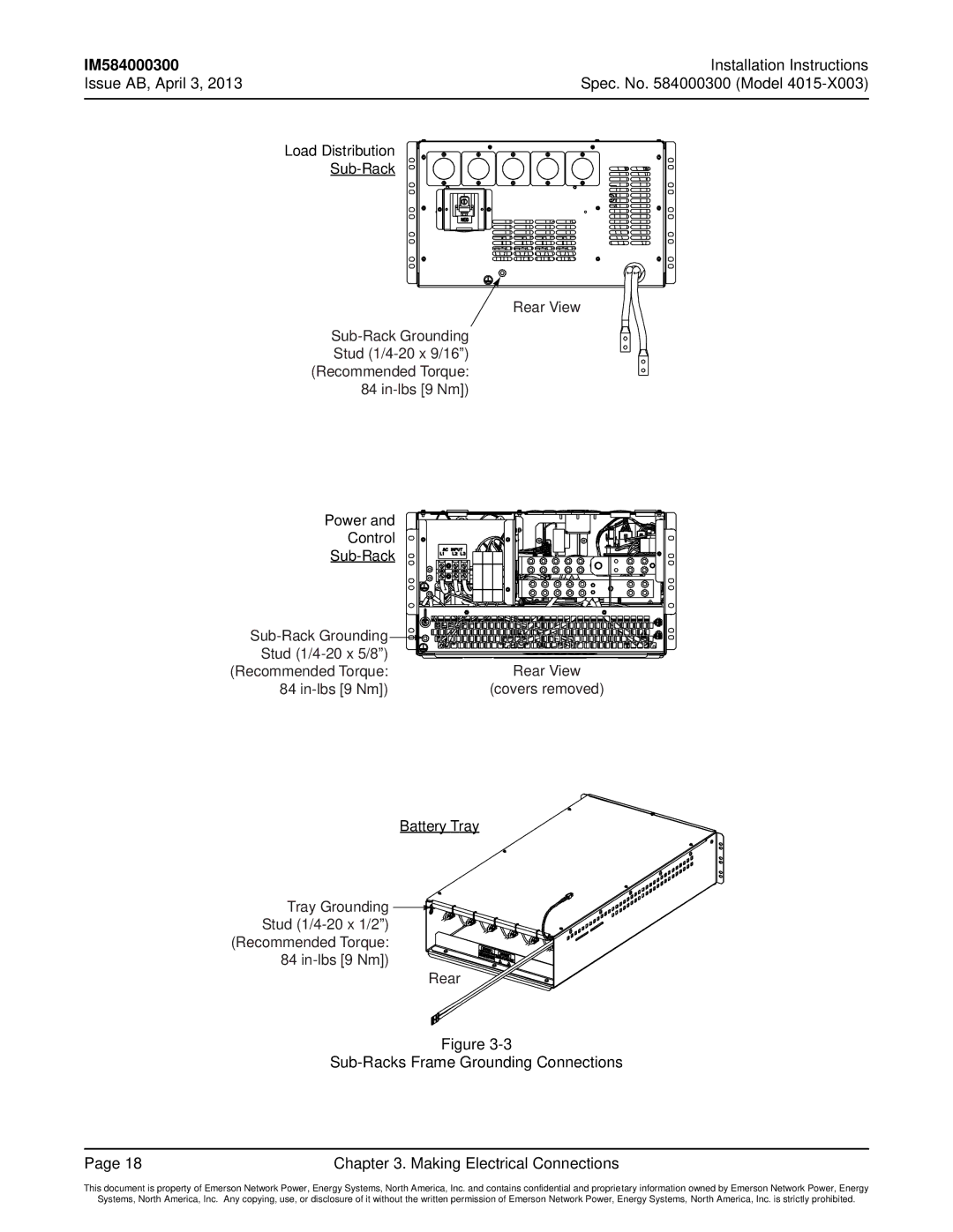 Emerson 4015 installation instructions Issue AB, April 3 Spec. No Model Load Distribution Sub-Rack, Battery Tray 