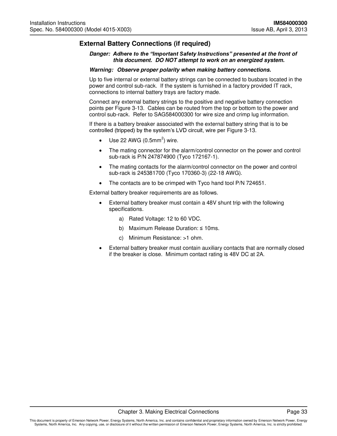 Emerson 4015 installation instructions External Battery Connections if required 