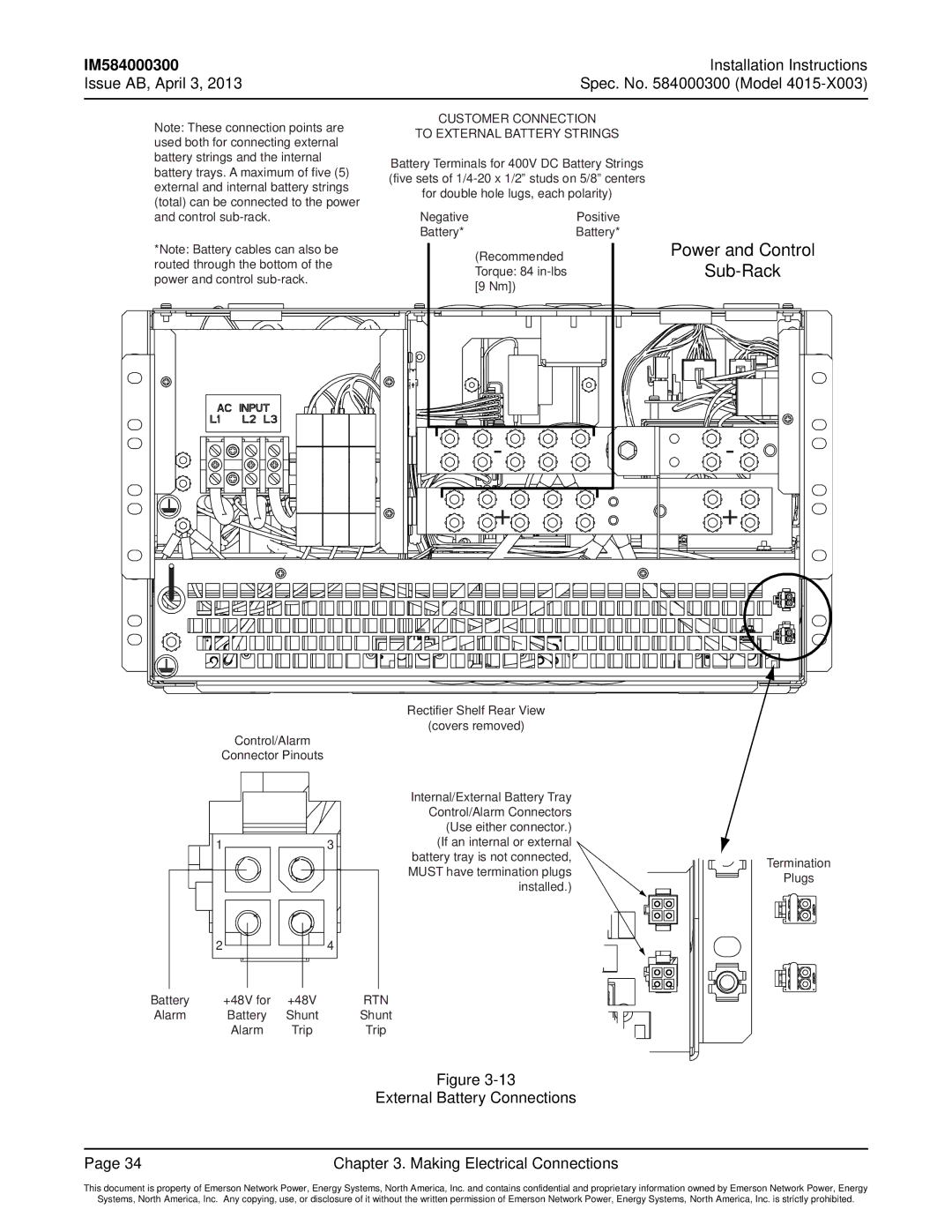 Emerson 4015 External Battery Connections Making Electrical Connections, Customer Connection To External Battery Strings 