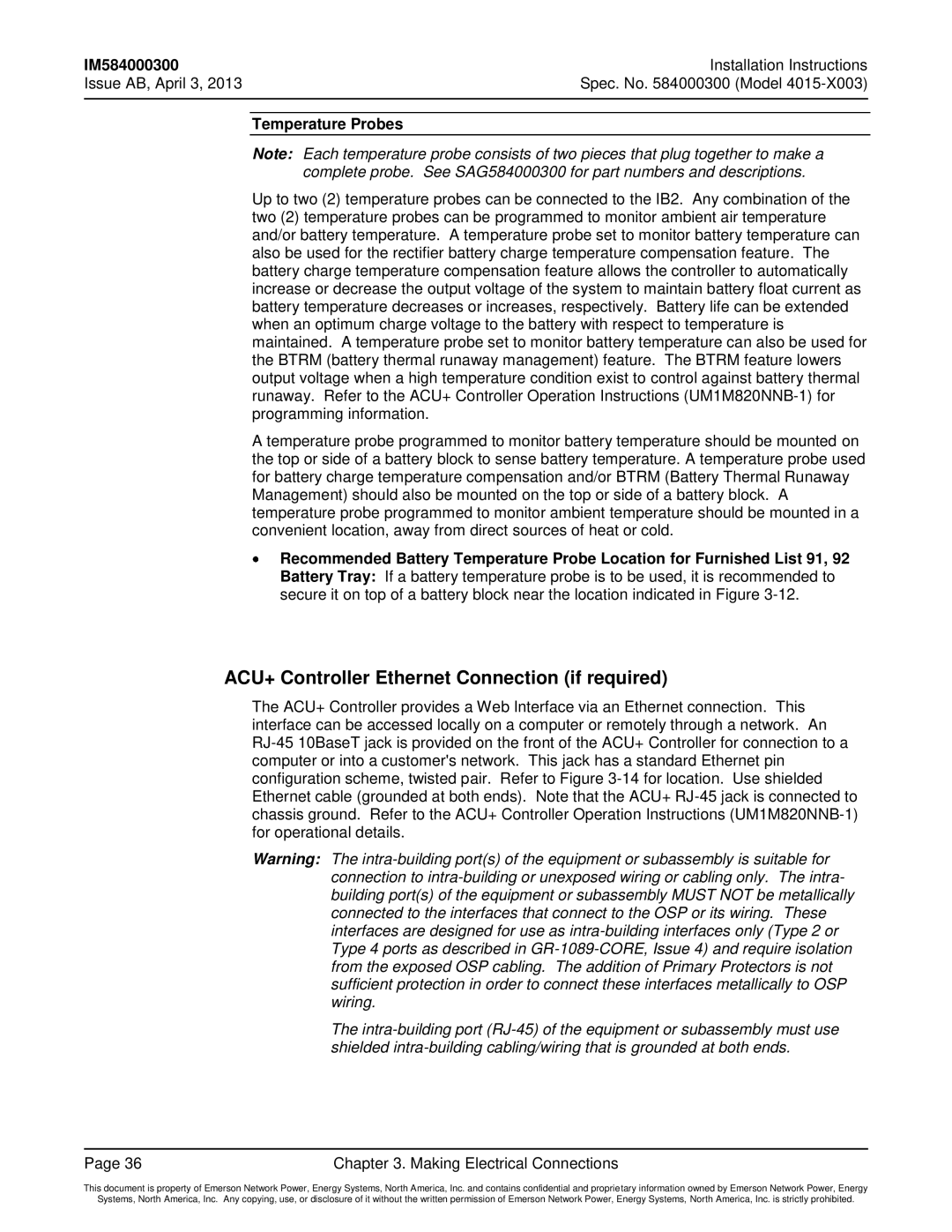 Emerson 4015 ACU+ Controller Ethernet Connection if required, Installation Instructions Issue AB, April 3 Spec. No Model 