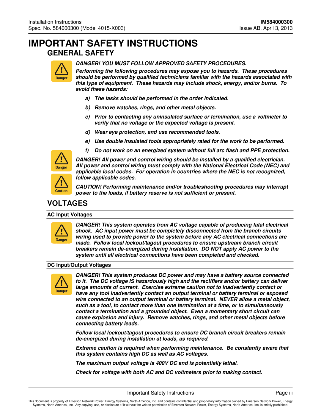 Emerson 4015 General Safety, AC Input Voltages DC Input/Output Voltages, Important Safety Instructions 