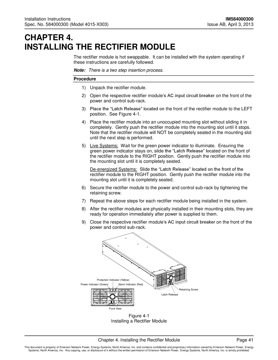 Emerson 4015 installation instructions Chapter Installing the Rectifier Module 