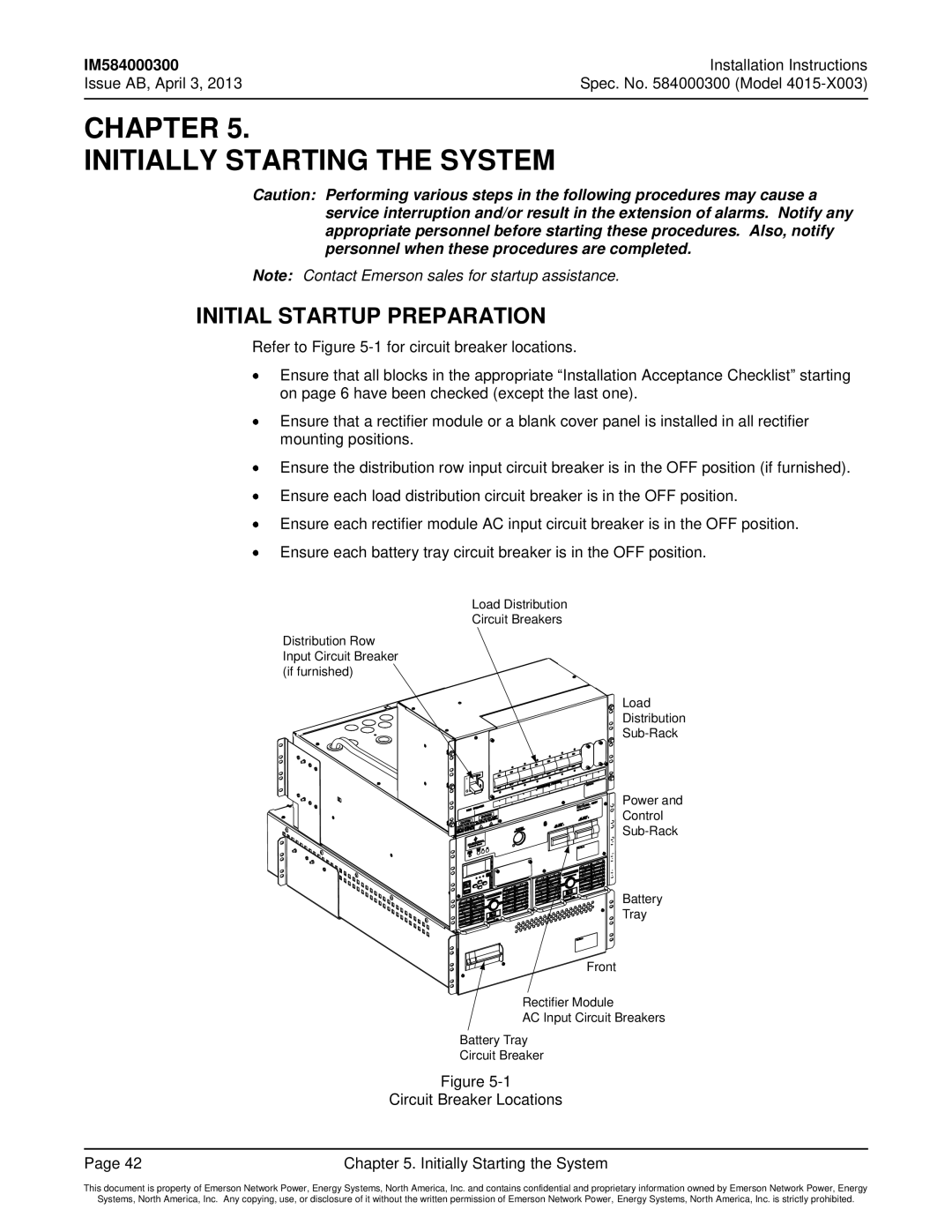 Emerson 4015 installation instructions Initial Startup Preparation, Circuit Breaker Locations Initially Starting the System 